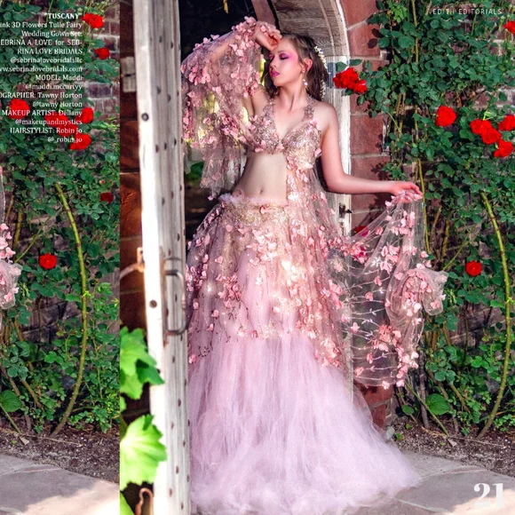 SAMPLE GOWN"TUSCANY" Blush & Rose Gold Floral Lace Tulle Wedding Ballgown Set